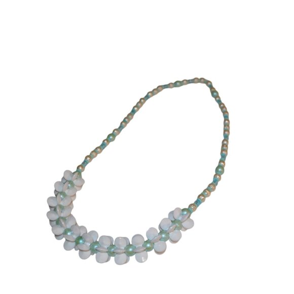 Necklace White & Blue Beads Acrylic Glass Plastic Rubber HomeMade Stretchy 12.5 - Picture 2 of 10